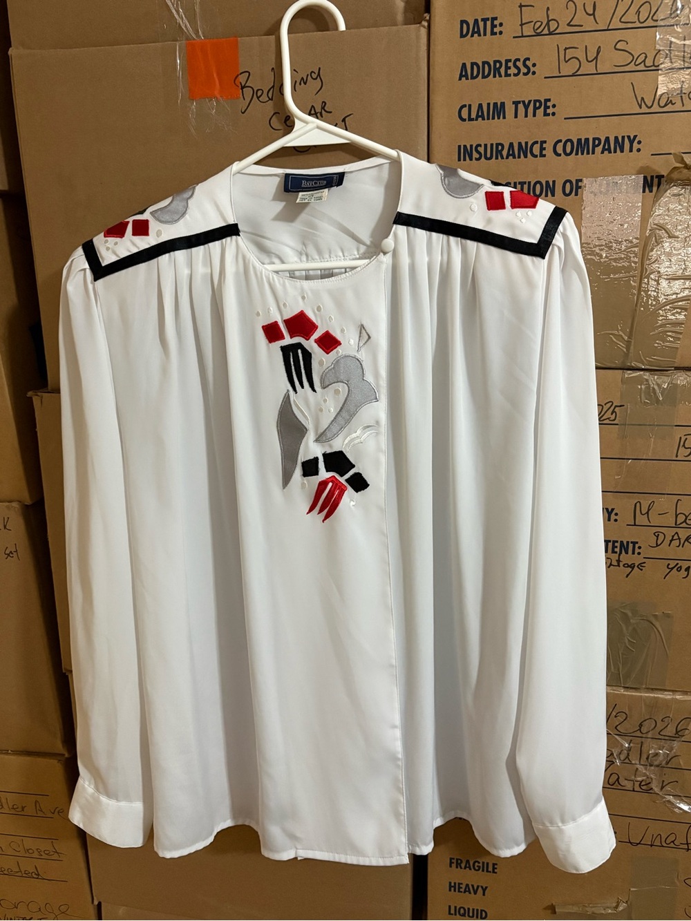 Vintage White Embroidered Avant Gard Long-Sleeve Blouse